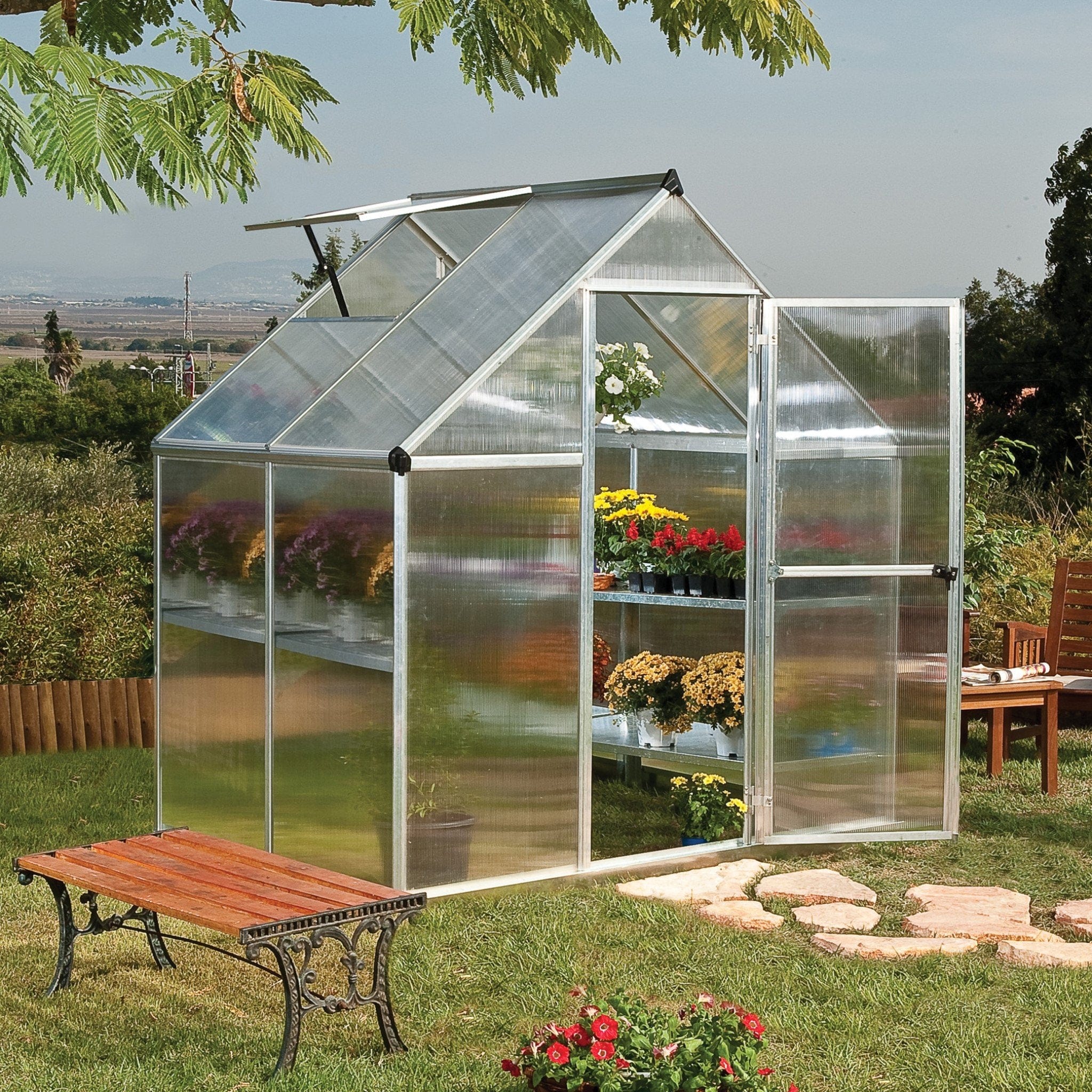 Palram - Canopia | Mythos Greenhouse Kit - 6 Ft Wide - Silver With 4mm Twin-wall Polycarbonate Glazing
